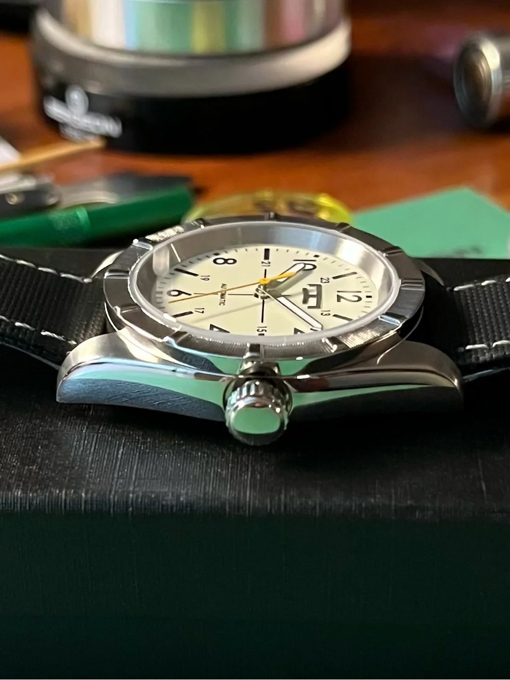 Automatic Stainless Steel Watch with White Dial and Yellow Seconds Hand